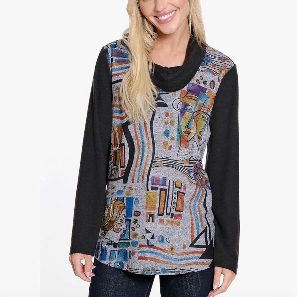Ali Miles Lady Face Abstract Multi Mixed Cow Neck Tunic Pull On Top Sz M New